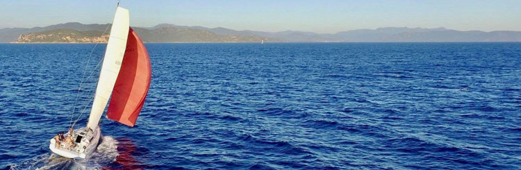 Foto di un mare azzurro con poco moto ondoso e cielo terso con la costa all'orizzonte, in primo piano a sinistra avanza una barca a vela con spinnaker rosso